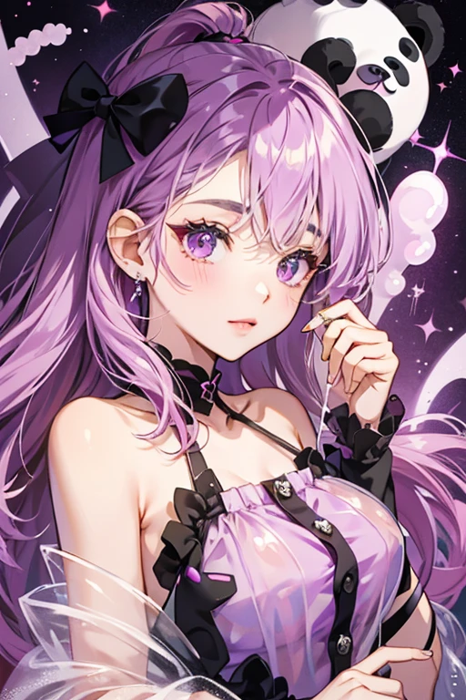 Grape Jelly is a translucent purple jelly bean girl panda with slanted eyes and a black button nose. On the side of her head rests a translucent pale fuchsia bow. SPARKLE; GLITTER
