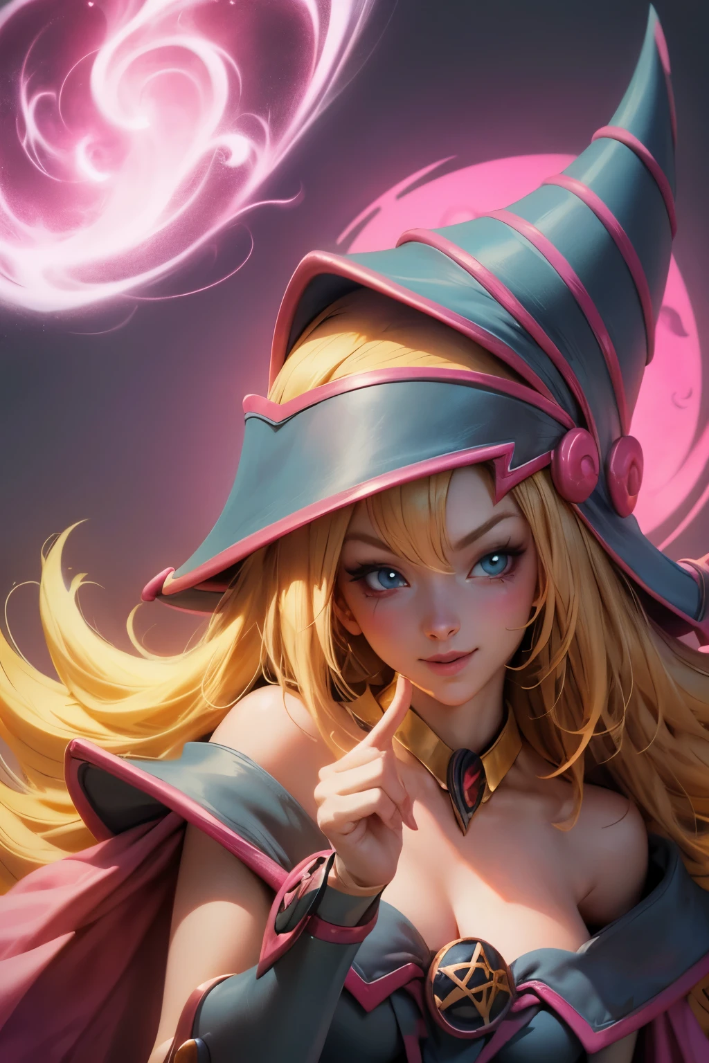 Beautiful face of dark wizard gils., blue eyes. pink lips. long blonde hair. exposed shoulders, angelic smile, beautiful well detailed face of dark wizard gils. blowing a kiss. and winking. She is flirtatious with the viewer.