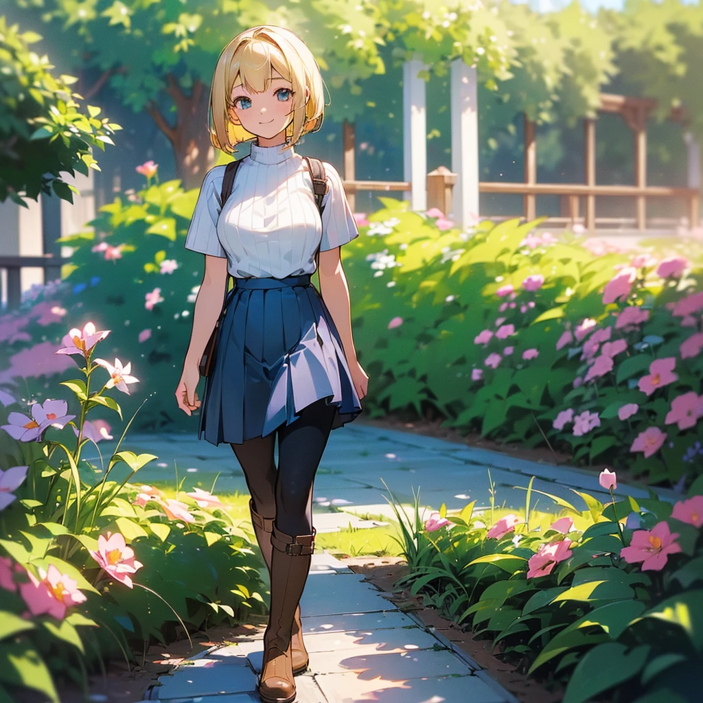 (high quality, High resolution, Very detailed, reality:1.37), Peaceful atmosphere, (Outdoor, garden), Teenage girl standing alone, (my breasts are big.), Beautiful details, Cute Smile, (Blonde Bob Hair), Short sleeve ribbed sweater, Blue Skirt, Black tights, Brown boots.