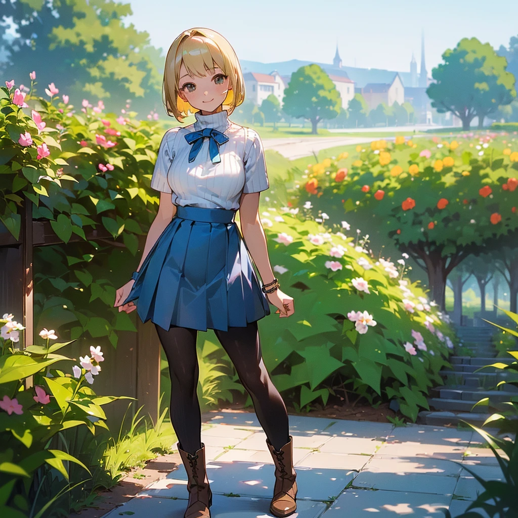 (high quality, High resolution, Very detailed, reality:1.37), Peaceful atmosphere, (Outdoor, garden), Teenage girl standing alone, (my breasts are big.), Beautiful details, Cute Smile, (Blonde Bob Hair), Short sleeve ribbed sweater, Blue Skirt, Black tights, Brown boots.