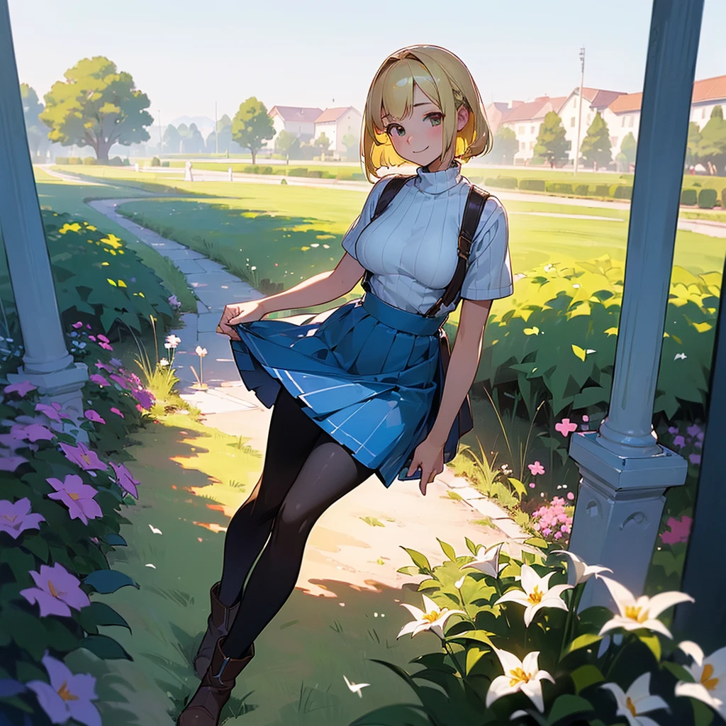 (high quality, High resolution, Very detailed, reality:1.37), Peaceful atmosphere, (Outdoor, garden),  girl standing alone, (my breasts are big.), Beautiful details, Cute Smile, (Blonde Bob Hair), Short sleeve ribbed sweater, Blue Skirt, Black tights, Brown boots.