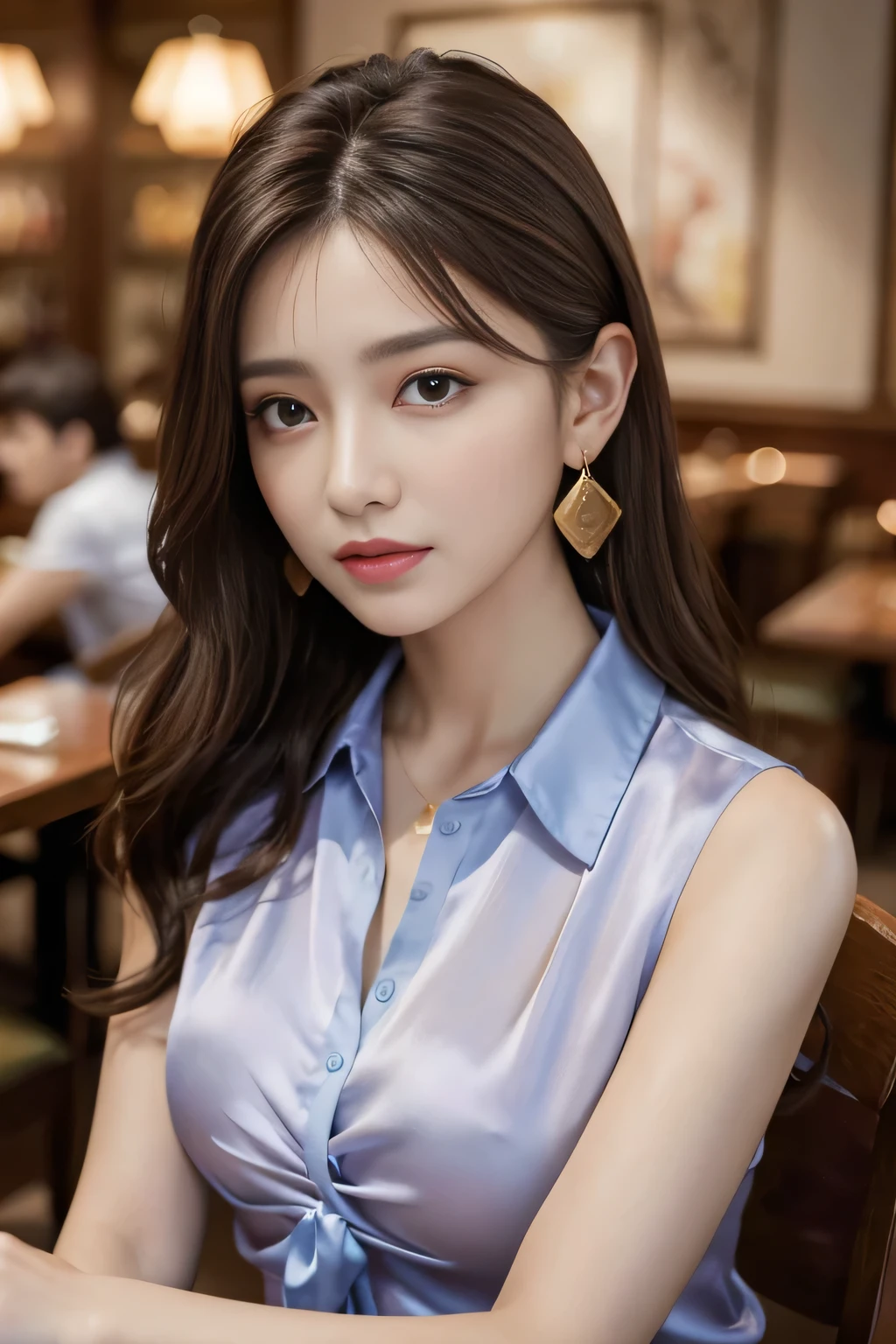masterpiece, Highest quality, Realistic, Very detailed, Finer details, High resolution, 8k wallpaper, One beautiful woman, Wear a pretty colored silk shirt, In a great restaurant, At night, Light brown messy hair, Perfect dynamic composition, Beautiful and beautiful eyes、Big earrings、chest、Sleeveless shirt、