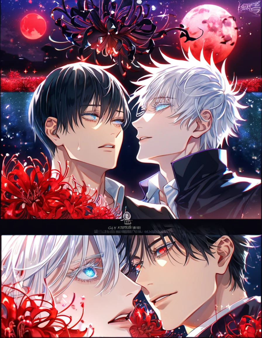 absurdres, highres, ultra detailed, HDR, master piece, best quality, extremely detailed, Gojou Satoru, white hair, expressive blue eyes, white eyelashes, Jujutsu Kaisen, Kaerius, black hair, expressive red eyes, two sexy men together, gay couple, yaoi, handsome, sensual, black jacket, white shirt, fantasy, red blood water, sparkling, red glittering fireflies, red moon, red blossoms, red spider lilies, red sparkling lights, starry sky, magical