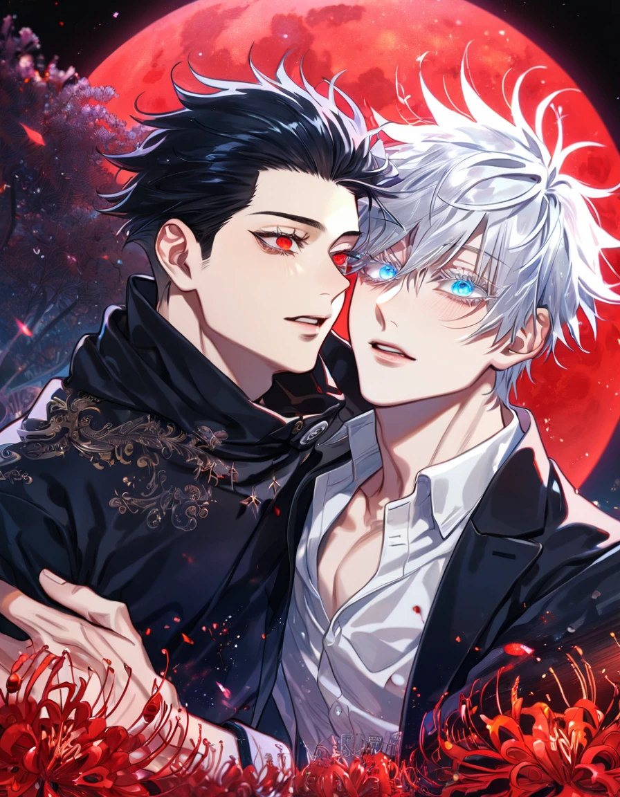 absurdres, highres, ultra detailed, HDR, master piece, best quality, extremely detailed, Gojou Satoru, white hair, expressive blue eyes, white eyelashes, Jujutsu Kaisen, Kaerius, black hair, expressive red eyes, two sexy men together, gay couple, yaoi, handsome, sensual, black jacket, white shirt, fantasy, red blood water, sparkling, red glittering fireflies, red moon, red blossoms, red spider lilies, red sparkling lights, starry sky, magical