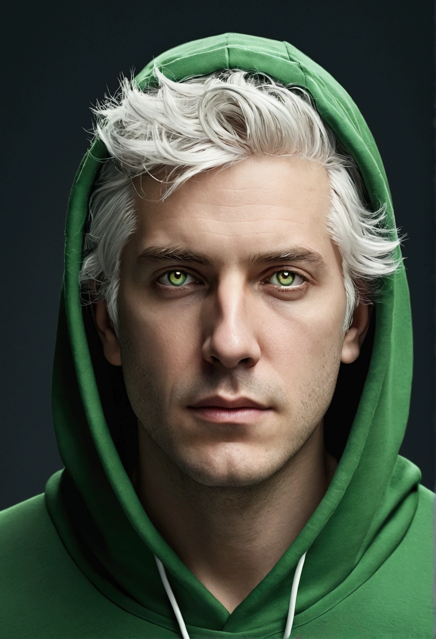 high quality, Super detailed, man wearing a green hood, the face behind the camera,Turn your head to the camera, Ultra-realistic photos, White eyes, white Hair, That street, Are standing,White neurons running around the neck