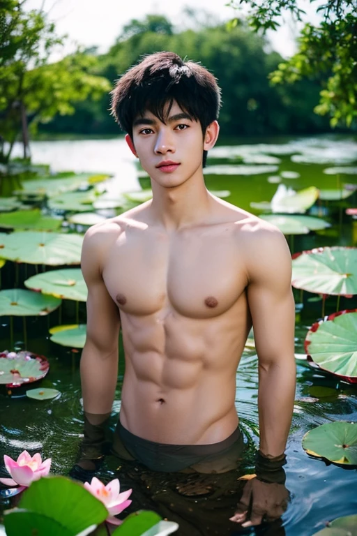  Thai guy, 2 people,handsome,cute,High school student, 18 years old,?????, with ????????????? and no one else.., The ????? is slightly muscular., , A large, beautiful ?????,In the lotus pond.  น้ำใสเห็นตัวปลาIn the lotus pond, Tumblr, Realistic photos taken with a DSLR camera outdoors in natural light...
