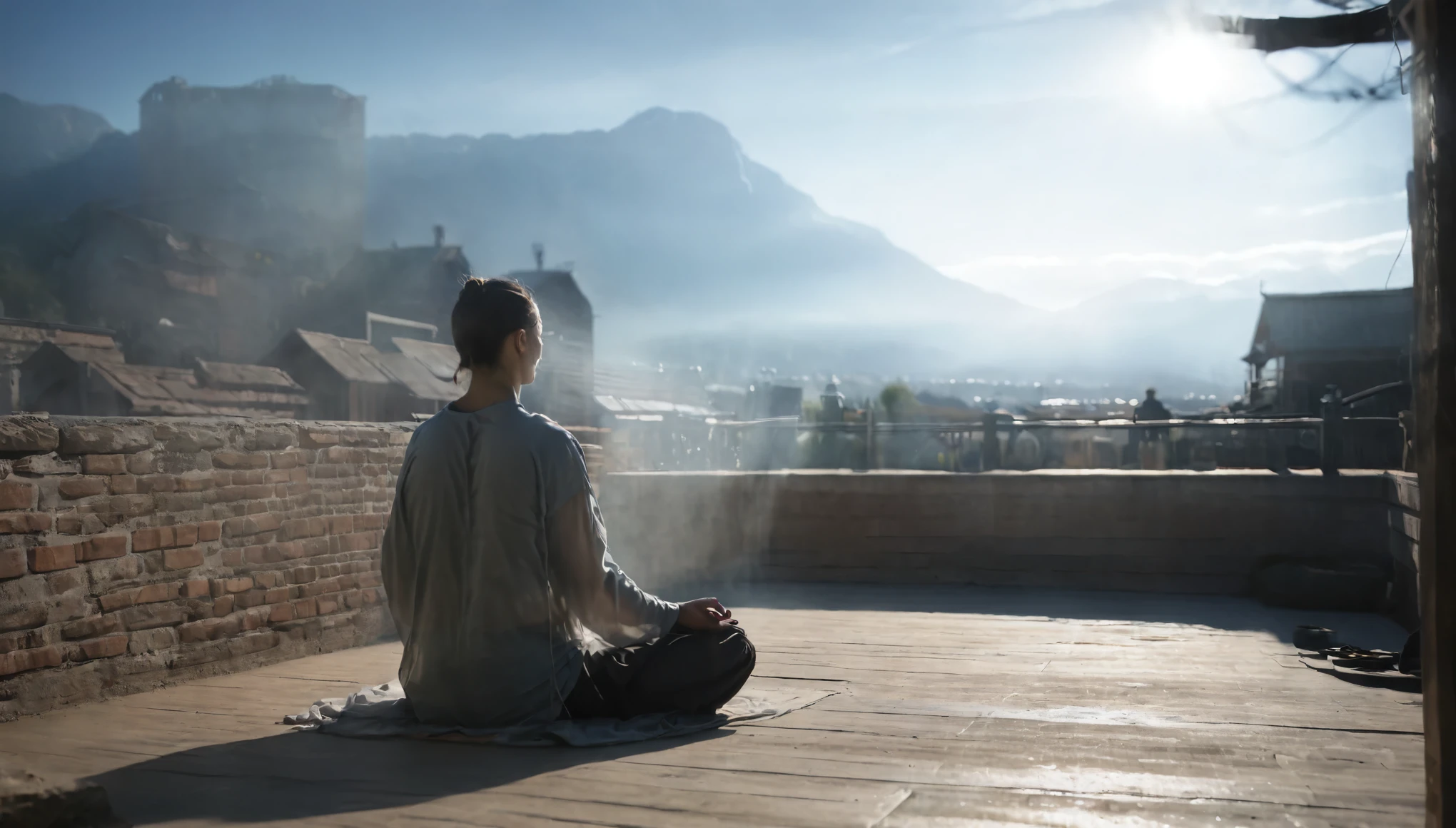 Person meditating on a clear day. Loose Clothes. cinematic lighting