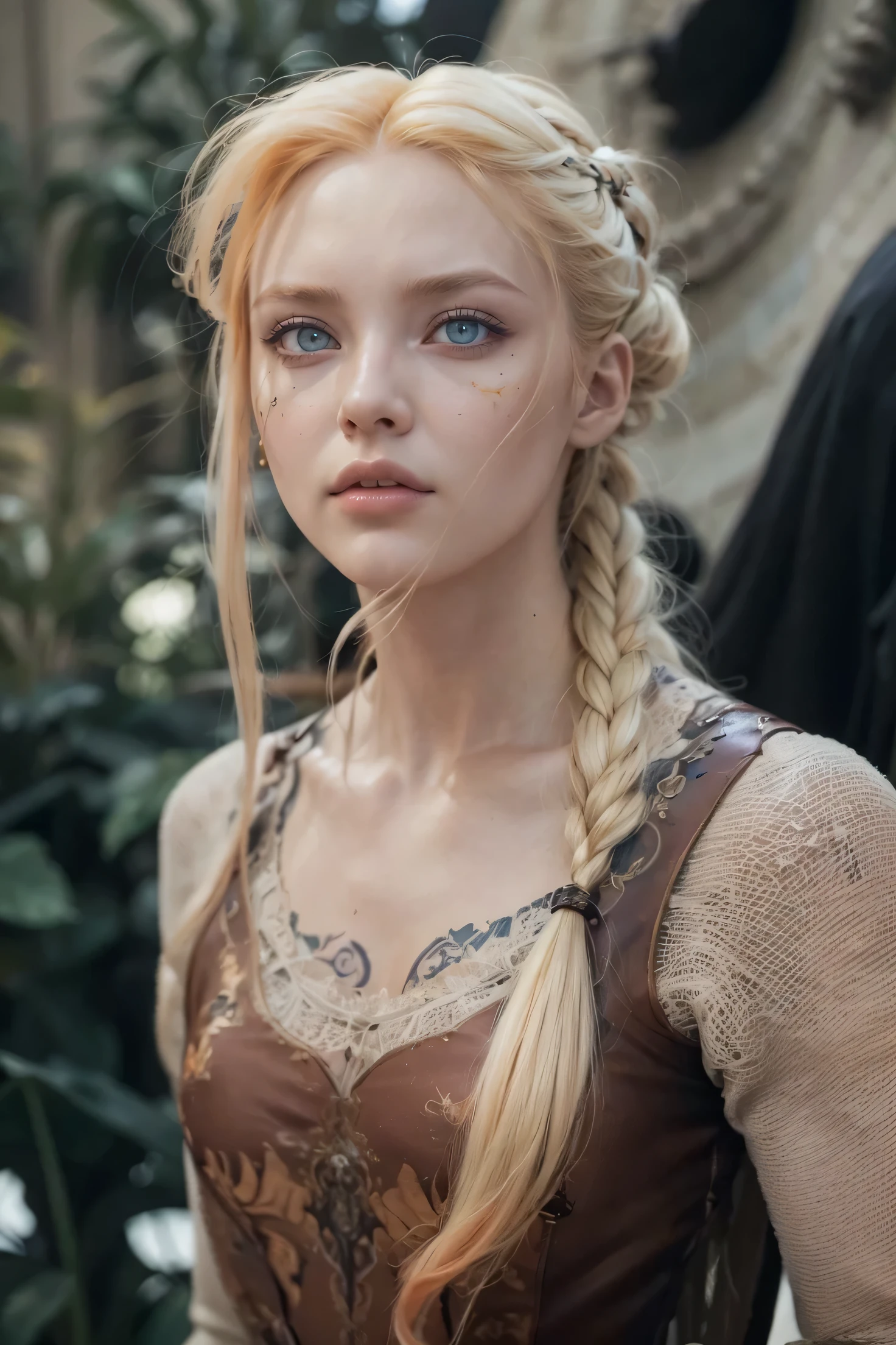 (((Masterpiece))), (((Best Quality: 1.4))), ((Super Detail: 1.4)) , hyper detailed gouache painting of a female Tiefling, gorgeous exotic features, amber neon eyes:1.5, orange hair, hyper detailed face features, expressivo face, detailed textures, blue skintone, tattoos, natural skin shader, volumetrics, warm undertones under her skin, ultra High resolution