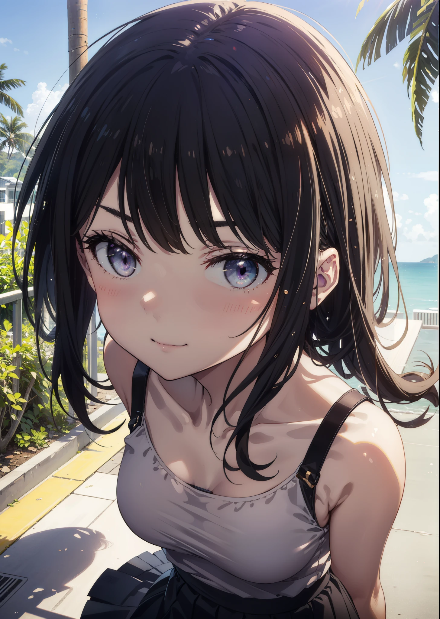 Takiuchikami, Long Hair, bangs, Black Hair, (Purple eyes:1.2),Blue Tank Top,White long skirt,Heeled Sandals,Daytime,Clear skies,Palm tree,Are standing,smile,Close your mouth,blush,whole bodyがイラストに入るように,
break outdoors, tropical,Tropical,Coastal Road,
break looking at viewer, whole body,
break (masterpiece:1.2), Highest quality, High resolution, unity 8k wallpaper, (figure:0.8), (Beautiful attention to detail:1.6), Highly detailed face, Perfect lighting, Highly detailed CG, (Perfect hands, Perfect Anatomy),