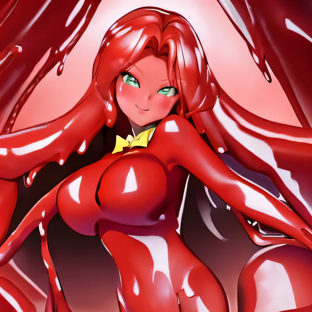  high quality, Very detailed, Perfect Face, Red Slime Body, Green Eyes, Yellow bow tie, Melting thighs, wrist, ((Dissolves hair, Jamanen)) ,Big Breasts,Long Hair,Shaking body,Shiny body,Muddy background