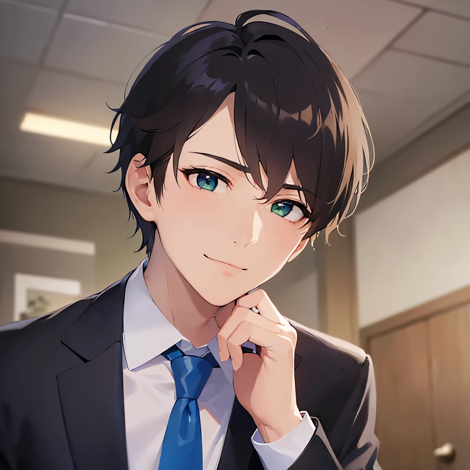 (arm behind head:1.3), Close-up of your face、upper body、shiny skin, masterpiece、Highest quality、(25-year-old male:1.5) and (Brown short hair) and (Green Eyes), (Wearing a suit:1.3) and (Blue tie)、Are standing、(Sad smile:1.3)、 The background is the office interior.、(Alone:1.5)、