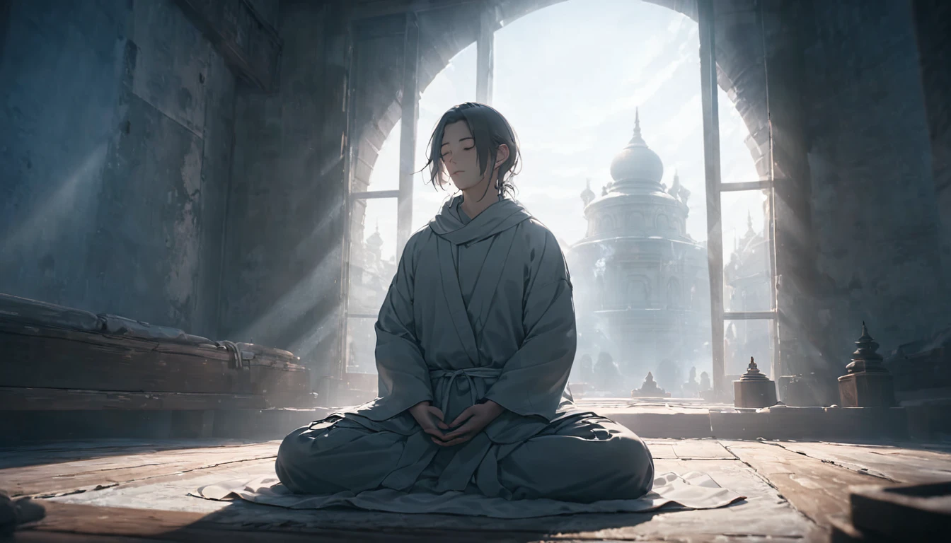Person meditating on a clear day. Loose Clothes. cinematic lighting