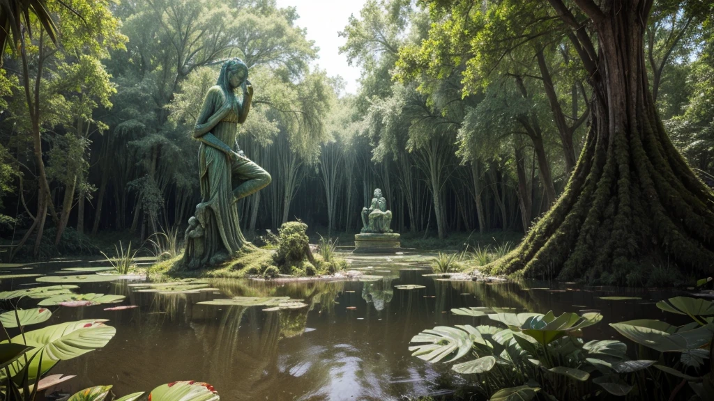 a psychedelic swamp with overgrown statues