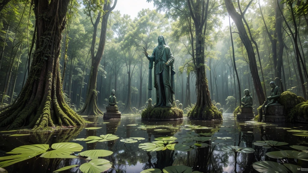 a psychedelic swamp with overgrown statues