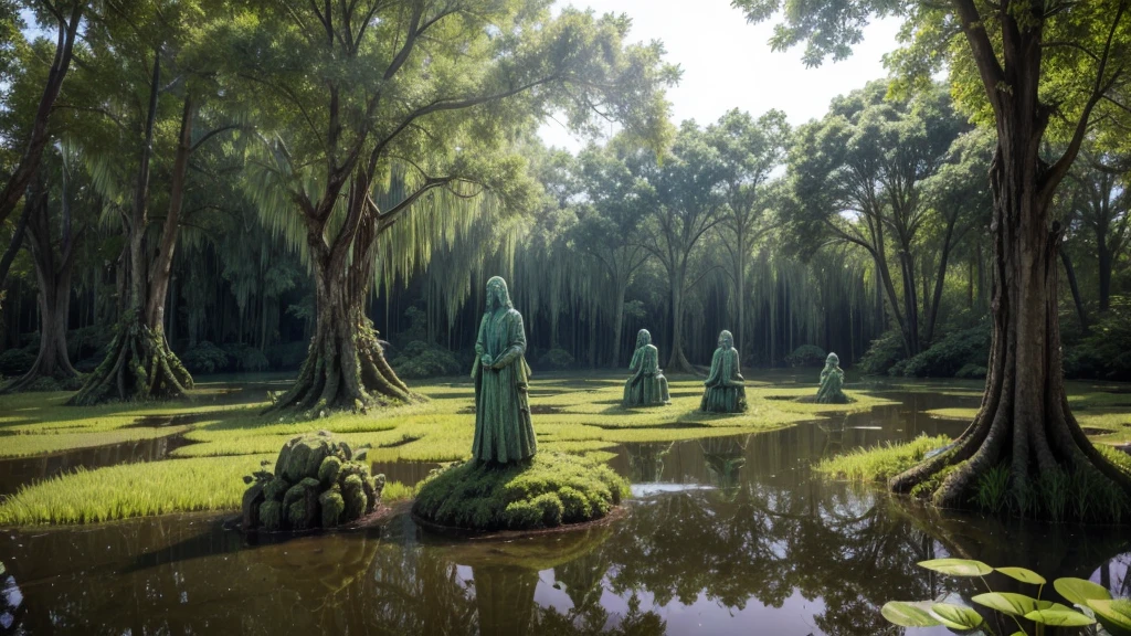 a psychedelic swamp with overgrown statues