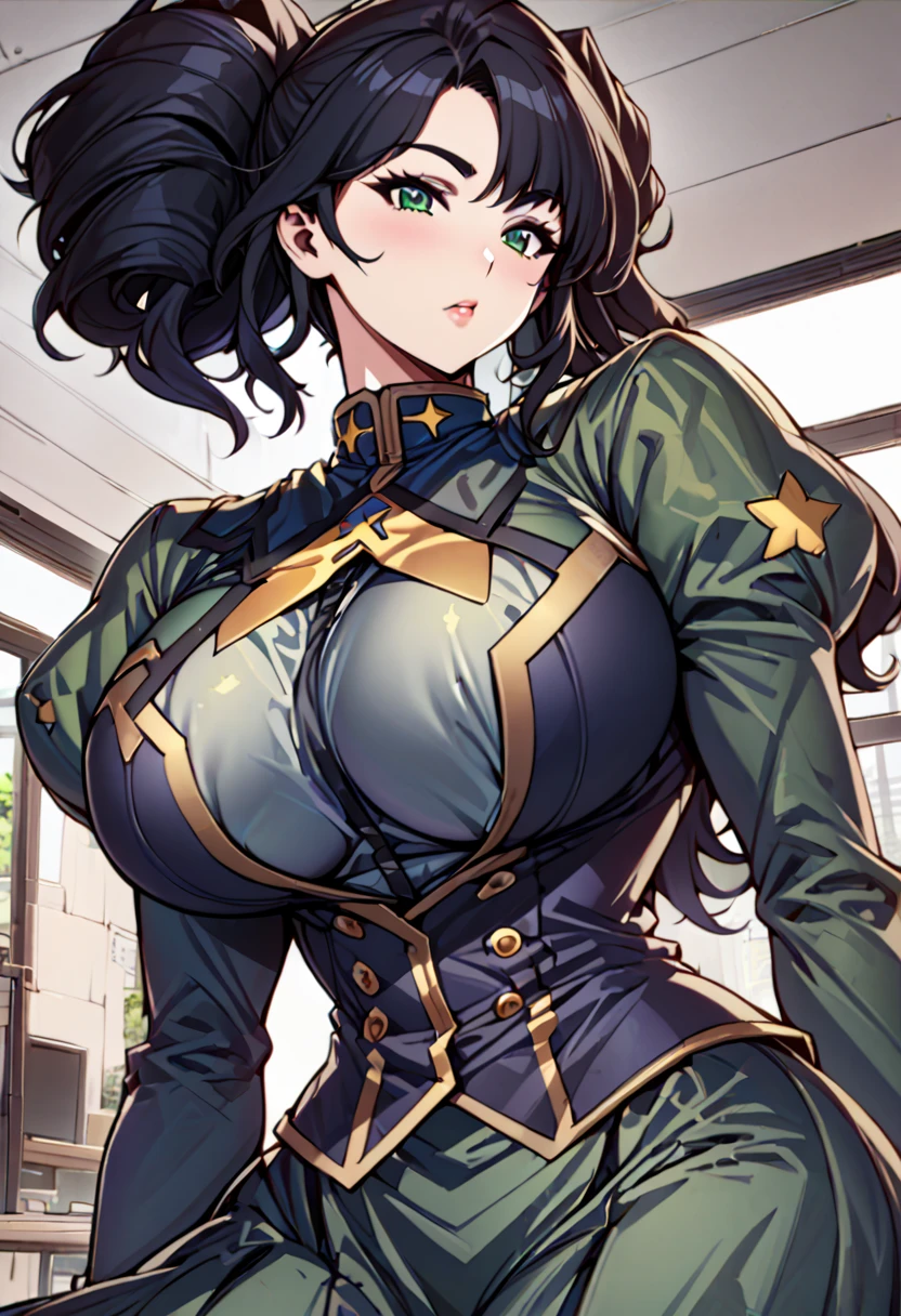 High detailed, kimtag, 1 girl, solo, black hair,huge voluminous hairstyle, green eyes, busty, large plump breasts, Genetics's uniform, Juliet sleeves, skirt, Green Genetics's uniform, chunky body