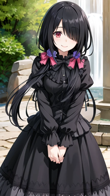 masterpiece, best quality, highres, 1girl, cckurumi, long hair, low twintails, hair flower, hair over one eye, hair bow, gothic, black dress, ribbon, garden, smile, cowboy shot, standing