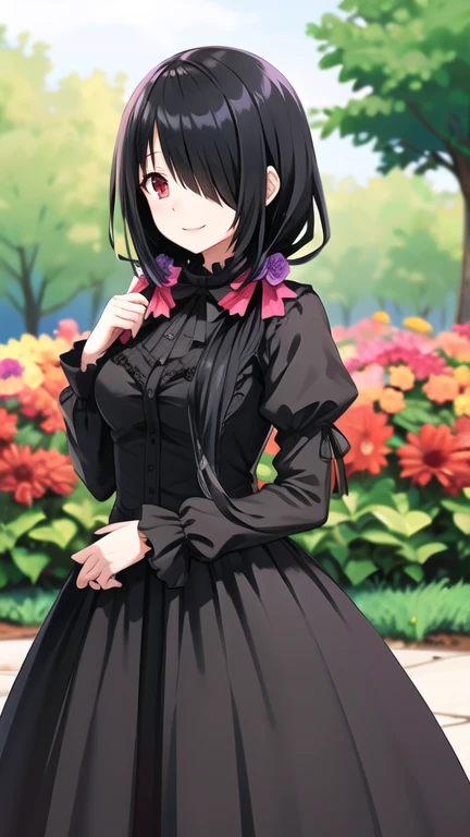 masterpiece, best quality, highres, 1girl, cckurumi, long hair, low twintails, hair flower, hair over one eye, hair bow, gothic, black dress, ribbon, garden, smile, cowboy shot, standing