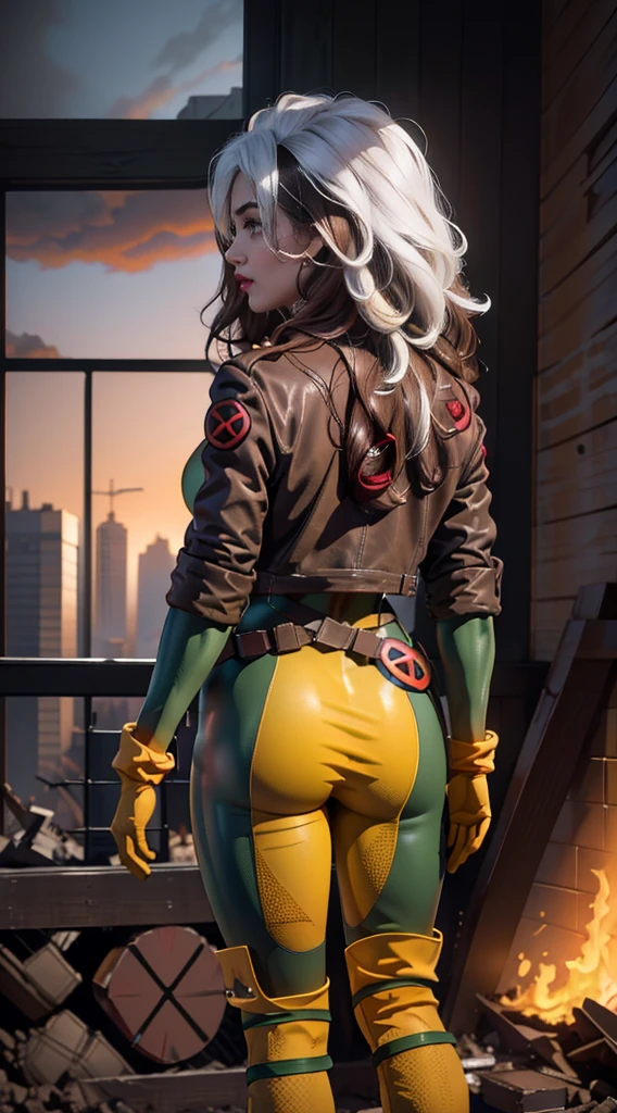 rear view, rear view,Cartoon s_X_mens_rascal,ownwaifu, full body view, longye hair, chestnut hair, greeneyes, lipstick, make up, lips, White streak in hair, Amemos, Wavy hair, Messy hair, cabelo endudecolado, medium to large breasts, curvaceous figure, ((Kelli Berglund:Bailee Madison:0.5)), yellow suit, jaket, mitts, waist belt, mitts amarillos, green suit, (May:1.4), Traje multiFarbe, (Super heroi:1.4), stretched skin, Ropa multiFarbe, Garden and wisteria background, offcial art, papel de parede CG 8k eXtremamente detalhado, perfect lighting, De Farbe, Ablaze_正面_dude_lights, piel Ablaze, (Masterpiece artwork:1.0), (melhorar_品質:1.0), ultra-high resolution, 4K , ultra detaild, cinematographic, 8k, HDR, Altas Resolightsones, (absurderes:1.2), Kodak portra 400, film grain, nblurry background, (bokeh:1.2), refleXo de lente, (Vibrant_Farbe:1.2), professional photograpy, (comely_dude:1.5),8K more detailed.engine unreal:1.4,uhd,La improve quality:1.4, photorrealistic:1.4, teXtura da pele:1.4, Masterpiece artwork:1.8,Masterpiece artwork, improve quality,object object], (dudecterísticas detalhadas do rosto:1.3),(Background Apocalyptic destroyed city:1.4), (Apocalyptic Sunset:1.4)