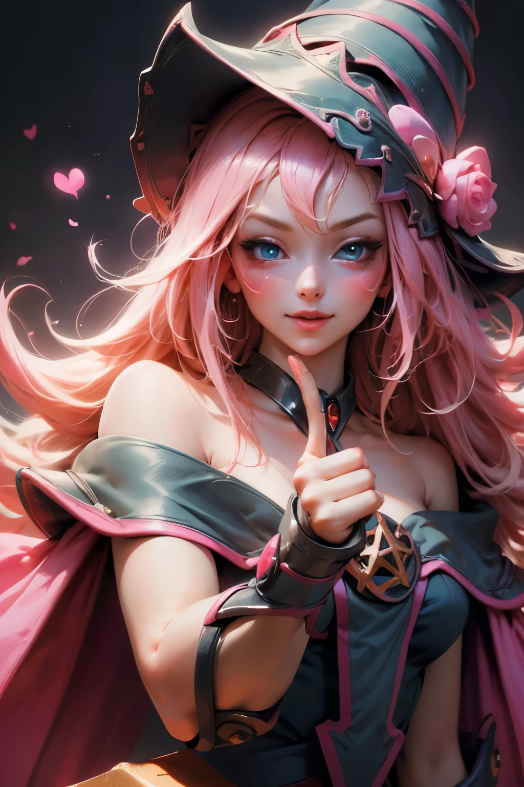 Beautiful face of dark wizard gils., blue eyes. pink lips. long blonde hair. exposed shoulders, angelic smile, beautiful well detailed face of the dark wizards gils. blowing a kiss. and winking. She is flirtatious with the viewer..