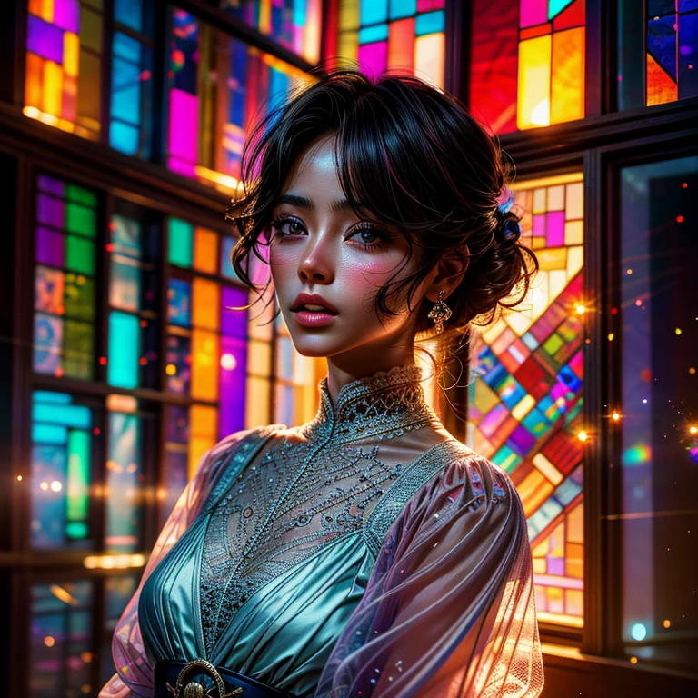 SFW, concept art, Tiny junior idol, Delicate lace knitted white clothes, (nipple:-0.9), face closeup, (Dazzling stained glass Background), (((Renbutsu Misako), colorful Light shines through delicate stained glass:1.2, vivid red colors, Luminous Particles, light Particles))(Acutance:0.8). (ProfessionalPhoto:1.2),(ultra-detailed:1.37), (Extremely detailed KAWAII face variations, innocent expression variations), rosy cheeks, intricate detailed eyes with sparkling highlights, long eyelashes with volume, subtle blush on the face. Mystic sight, haze, Impeccable Radiant PearlSkin with Transparency, captivating gaze, ((Dynamic-angle)), whole Body proportions and all limbs are anatomically accurate .