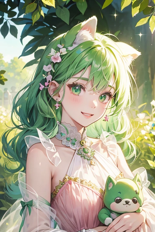 A translucent green girl dog with a happy expression. She has green seeds on top of her and a translucent, pale pale pink bow on her right ear. SPARKLE; GLITTER