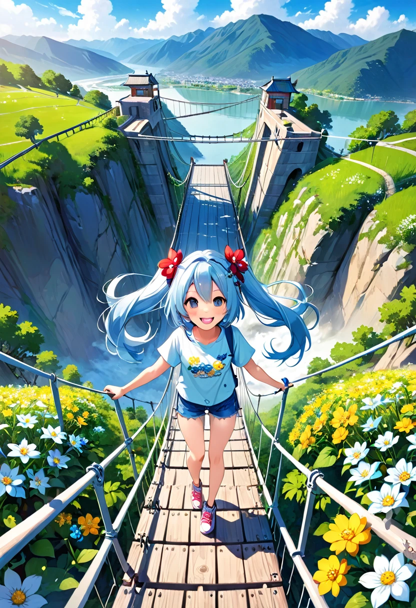 Light blue long hair、Twin-tailed Chibi Character、Bigger in the center、Bright smile、T-shirt and denim shorts、Crossing a suspension bridge over a valley、From the top of the suspension bridge、Looking fearfully into the valley、Flowers around the valley々Surrounded by