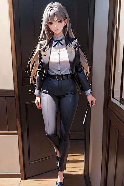((Highest quality)),(超High resolution),(Very detailed),(Detailed Description),((The best CG)),(masterpiece),Ultra-detailed art、(Highest quality、8k、32K、masterpiece)、(Realistic)、(Realistic:1.2)、(High resolution)、Very detailed、Very beautiful face and eyes、1 female、((Gray Hair))、Tight waist、Delicate body、(Highest quality、Attention to detail、Rich skin detail)、(Highest quality、8k、Oil paints:1.2)、Very detailed、(Realistic、Realistic:1.37)、Bright colors、"((Wearing a black tight fitting jacket。The jacket features metallic buttons and subtle details on the shoulders and cuffs.、Slim and elegant design with multiple interior pockets。Below is the、She is wearing a pastel colored blouse。He is wearing tapered pants in a color that matches his jacket.。The shoes are navy flats.))。(A simple and elegant metallic buckle belt、She accessorizes with modest jewelry and watches.)、((In the background is a neat and professional office environment))。"