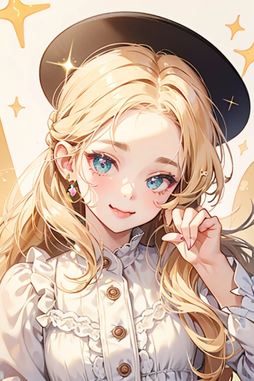 A light cream-colored Jelly Bean girl cat num making a winking face with her tongue sticking out. She has two whiskers on each cheek and a small amount of hair pulled up at the center of her head. SPARKLE; GLITTER
