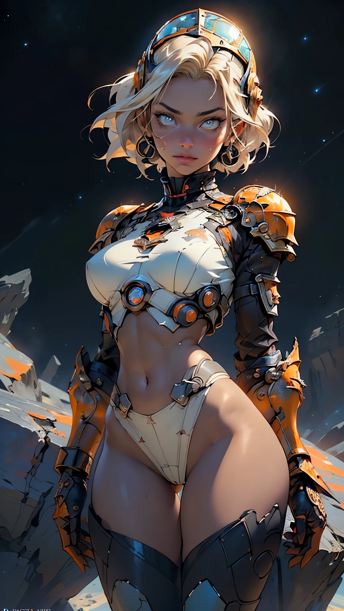 girl,1girl,

(large breasts:1.5),((((platinum blonde hair, hair under the helmet)))),(((gold_eyes:1.3))),intricate eyes,beautiful detailed eyes,symmetrical eyes,((((tan,dark skin,black skin:1.35,dark-skinned_female,dark skin:1.3,ebony skin,lustrous skin:1.5,bright skin: 1.5,shiny skin,very shiny skin,shiny body)))),(spider lower abdomen,narrow waist,wide hip,athletic body,inflated legs,thick thighs),(((detailed face))),beautiful detailed lips,

cute,slutty,sensual,seductive look,seductive,((erotic)),(((nsfw))),

A woman in armor,full armor,helmet,armor,breastplate,delicate,(huge helmet:1.4),lush detail,shoulder pads,Small leather panties,Torn rugby team t-shirt,almost naked,minimal clothing,Metal protection on arms, armor painted with aggressive graphics,1 cute girl with technical clothes,((mechanical spider parts,circles,fractals on her clothes)),(((orange armor,orange theme clothes,intricate armor))),

dynamic and seductive pose,looking at viewer,embarrassed,centered,scale to fit dimensions,Rule of thirds,

((Fantastical Bridge Ancient:1.5, dark stone-built, Glowing blue:1.5)),((Starry sky,Unknown constellations)),(Night, Silence,Mystery),((Dark tones in the background)),((broken earth,asteroid field:1.5)),(jagged dark rocks boulders and debris shooting into the air:1.3),Extraterrestrial scenery,dark asteroid belt,surrounded by several dark asteroids glowing with fiery auras, vast and mysterious universe,cosmic landscape,mysterious planet,scenery:1.25,((intricate scenery)),(black background, stars that do not shine, sense of space),

(Glossy Ancient ornaments),highres,sharp focus,(ultra detailed,extremely detailed),(photorealistic artwork:1.37),(extremely detailed CG unity 8k wallpaper),(((vibrant colors,vibrant theme))),(intricate),(masterpiece),(best quality),artistic photography,(photography taken by sldr),(intricate background),perfect rendered face,perfect face details,realistic face,photo realistic,((intricate detail)),(((realism))),
