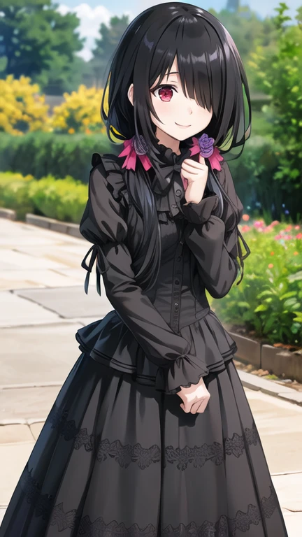 masterpiece, best quality, highres, 1girl, cckurumi, long hair, low twintails, hair flower, hair over one eye, hair bow, gothic, black dress, ribbon, garden, smile, cowboy shot, standing