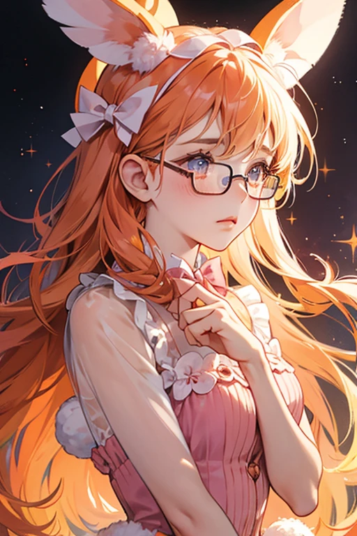 A semi-translucent girl bunny with orange coloring and a depressed or tired face. She wears a dark pink translucent bow to match her glasses. SPARKLE; GLITTER