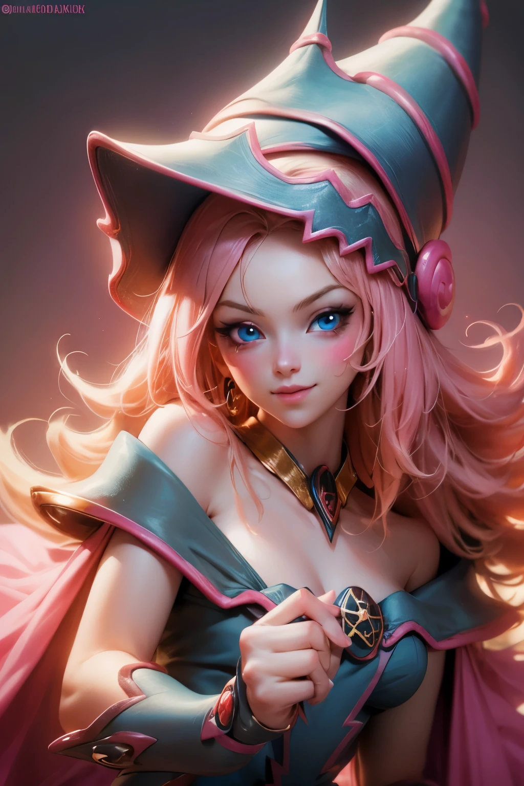 Beautiful face of dark wizard gils., blue eyes. pink lips. long blonde hair. exposed shoulders, angelic smile, beautiful well detailed face of dark wizard gils. blowing a kiss. and winking. She is flirtatious with the viewer.
