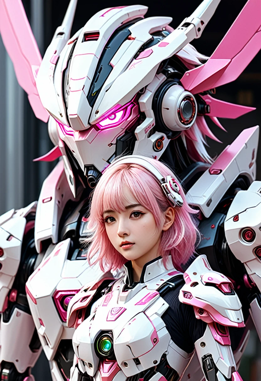 A man in his fifties with pink and white hair and a pink and white helmet, Detailed digital anime art, Best anime 4k konachan wallpaper, アニメMecha aesthetics, Highly detailed digital art in 4K, robot mech woman dragon head, Wallop and Krentz Kuschaert, Highly detailed anime, Mecha aesthetics, Advanced Digital Animation Art