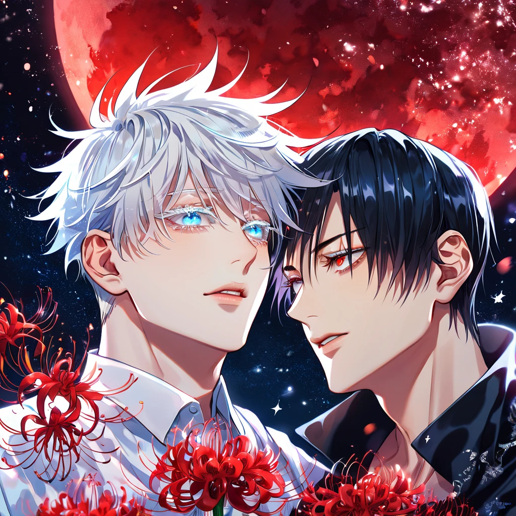 absurdres, highres, ultra detailed, HDR, master piece, best quality, extremely detailed, Gojou Satoru, white hair, expressive blue eyes, white eyelashes, Jujutsu Kaisen, Kaerius, black hair, expressive red eyes, two sexy men together, gay couple, yaoi, handsome, sensual, black jacket, white shirt, fantasy, red blood water, sparkling, red glittering fireflies, red moon, red blossoms, red spider lilies, red sparkling lights, starry sky, magical
