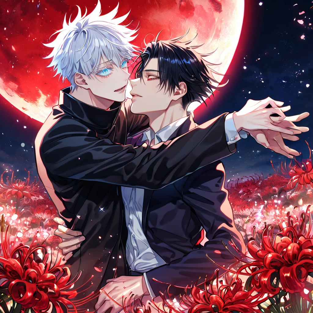 absurdres, highres, ultra detailed, HDR, master piece, best quality, extremely detailed, Gojou Satoru, white hair, expressive blue eyes, white eyelashes, Jujutsu Kaisen, Kaerius, black hair, expressive red eyes, two sexy men together, gay couple, yaoi, handsome, sensual, black jacket, white shirt, fantasy, red blood water, sparkling, red glittering fireflies, red moon, red blossoms, red spider lilies, red sparkling lights, starry sky, magical