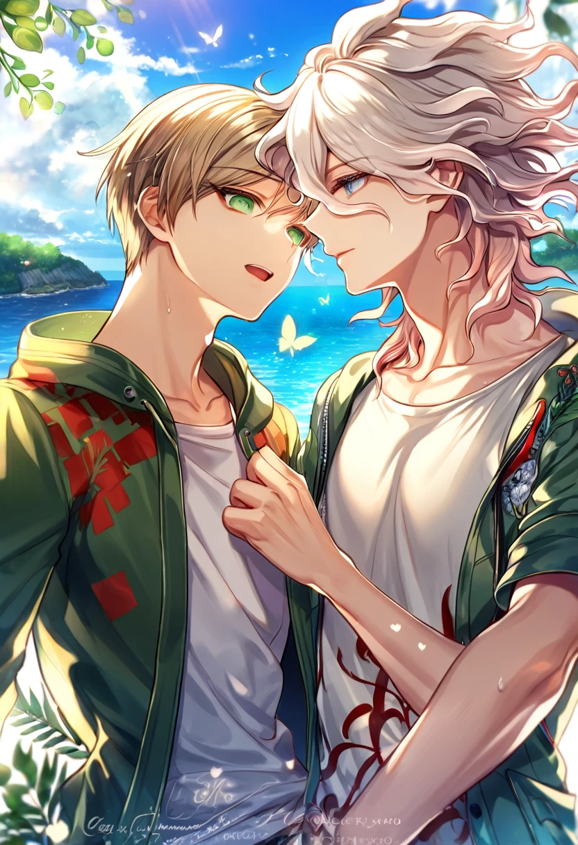 Ultra detailed, HDR, Highres, absurdres, master piece, Aiden, ash blonde hair, expressive green eyes, Komaeda Nagito, white hair, expressive green-gray eyes, green coat with hoodie, white shirt, Danganronpa 2, flowers, butterflies, fantasy, magical, green leaves, summer, handsome, two sexy man together, gay couple, yaoi, love, sensual, island