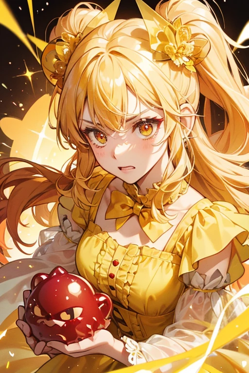 A translucent yellow girl bear with an angry expression with one slainted eye. On each ear is a red jelly bow. SPARKLE; GLITTER