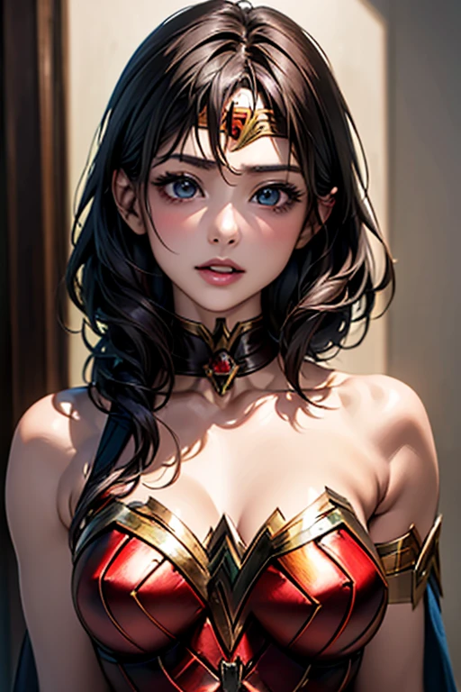Portrait of {Wonder Woman (Black Hair Medium Pout Haircut)}, Action {Lying Down, Skirt lift bottom pov | Goofy Ai}, soft and smooth skin, big dreamy eyes, big ass, swollen vagina, beautiful intricate, symmetrical hair, wide anime eyes, soft lighting, detailed face, by makoto shinkai, stanley artgerm lau, wlop, rossdraws, art conceptual, digital painting, looking at camera