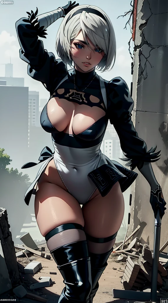 City in Ruins, City, overgrown with plants, Remains, Nier Automata 2b, Grey Bob, Grey Hair, Eyes are covered with bandages, Cyan eyes, Short skirt black dress, Chest neckline, White panties, Black Stockings, Black high boots, High heel boots, Very very beautiful, full length(Bodyful 1.1),Game Nier Automata, Official illustrations with attention to detail, ((Beautiful Fantasy Girl))，Red little chest, Her breasts are sticking out from under her clothes, break (Master Parts: 1.2), Highest quality, High resolution, Photorealistic, Photogenic, unity 8k wallpaper, (Illustration: 0.8), (Beautiful, exquisite bluish-grey eyes: 1.6), Highly detailed face, Perfect lighting, Highly detailed CGI , (Perfect Arms, Perfect Anatomy), Girl with perfect breasts, Beautiful Face, Master Studies, Intricate details, Realistic details, anime, (Based on Nier Automata) Perfect body, Perfect pointy breasts, Perfect Girl, Perfect detail, Ultra HD |, 8k, Professional photos, 2B shows off her sexy body,