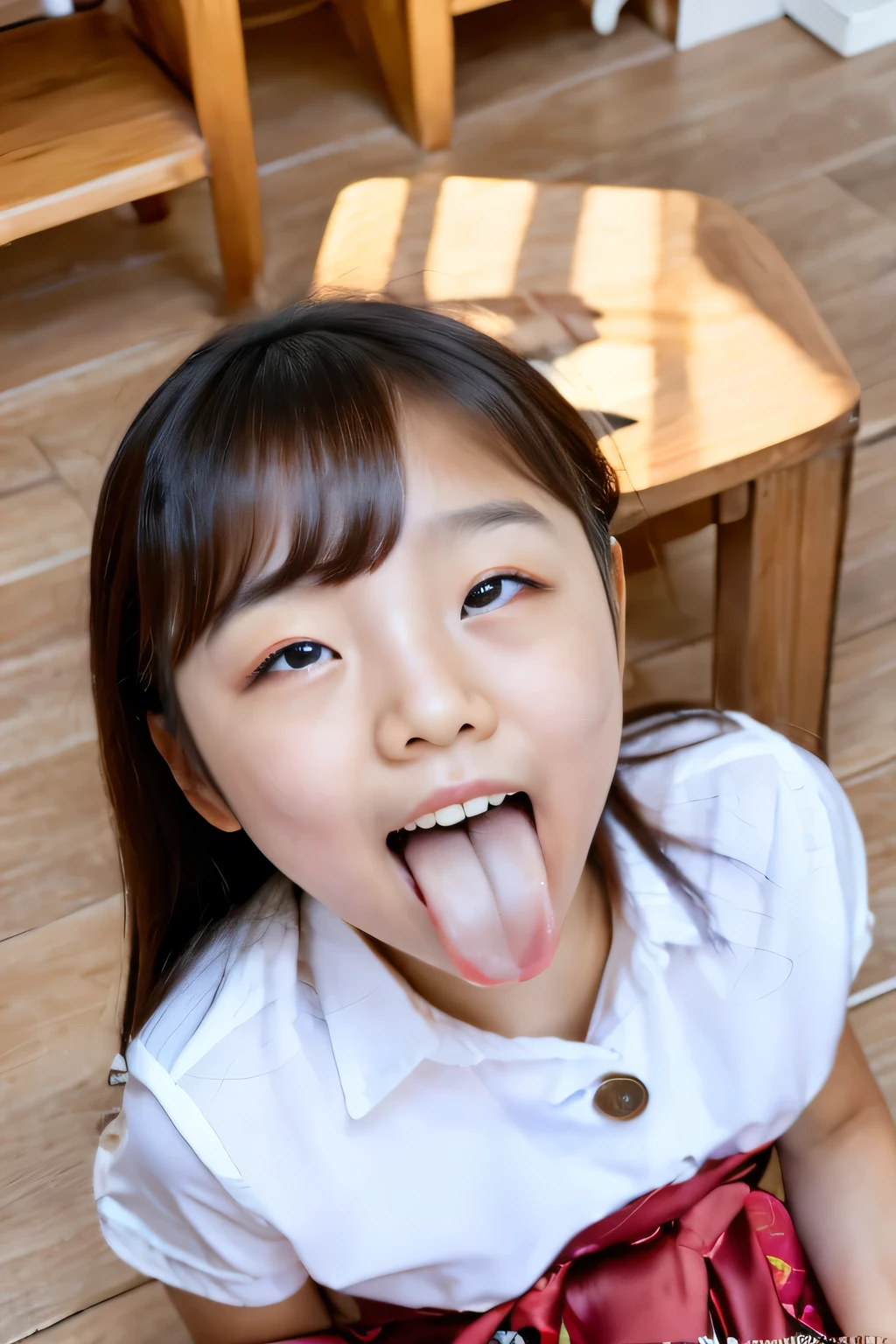 Korean,8-year-old,,woman,Show only the face,A scary smile,Open your mouth and eyes wide,stick your long tongue out of your mouth