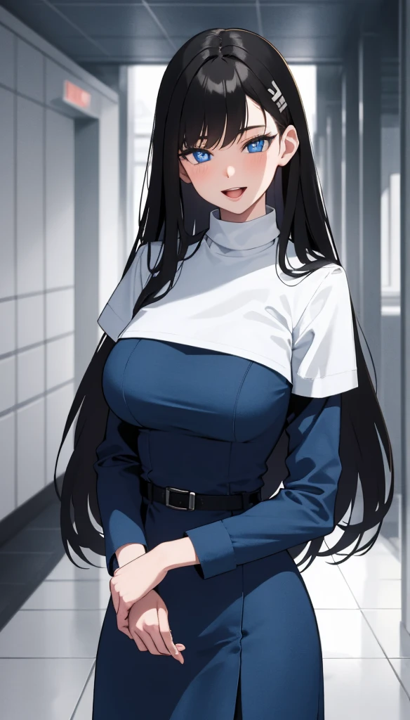 (masterpiece), (best quality), (ultra-detailed), ((girl, 29 years old)), an extremely delicate and beautiful, detailed eyes, minute details, (black hair, long hair, straight hair, hair between eyes), ((big breasts)), smile, open mouth, ((beautiful eyes)), (blue eyes), (upper body), she is wearing a blue dress, (detailed clothes), (detailed background, in a hospital, hospital hallway), (monochrome)