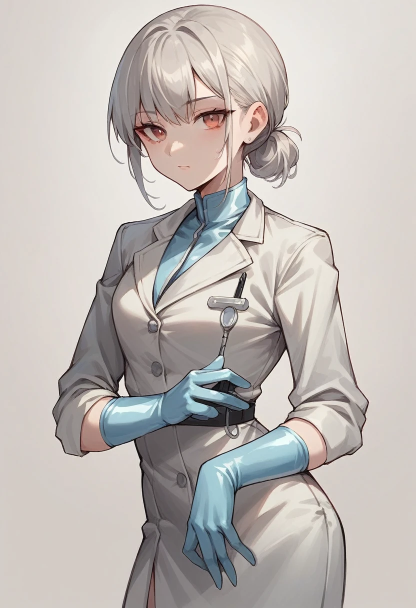 1girl, bangs, ((light blue elbow gloves)), ((surgical gloves)), ((latex gloves)), ((((long sleeves)))), looking at viewer, ((gray doctor outfit)), standing, solo