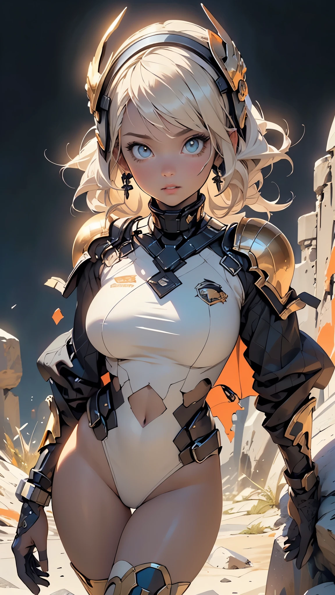 girl,1girl,

(large breasts:1.5),((((platinum blonde hair, hair under the helmet)))),(((gold_eyes:1.3))),intricate eyes,beautiful detailed eyes,symmetrical eyes,((((tan,dark skin,black skin:1.35,dark-skinned_female,dark skin:1.3,ebony skin,lustrous skin:1.5,bright skin: 1.5,shiny skin,very shiny skin,shiny body)))),(spider lower abdomen,narrow waist,wide hip,athletic body,inflated legs,thick thighs),(((detailed face))),beautiful detailed lips,

cute,slutty,sensual,seductive look,seductive,((erotic)),(((nsfw))),

A woman in armor,full armor,helmet,armor,breastplate,delicate,(huge helmet:1.4),lush detail,shoulder pads,Small leather panties,Torn rugby team t-shirt,almost naked,minimal clothing,Metal protection on arms, armor painted with aggressive graphics,1 cute girl with technical clothes,((mechanical spider parts,circles,fractals on her clothes)),(((orange armor,orange theme clothes,intricate armor))),

dynamic and seductive pose,looking at viewer,embarrassed,centered,scale to fit dimensions,Rule of thirds,

((Fantastical Bridge Ancient:1.5, dark stone-built, Glowing blue:1.5)),((Starry sky,Unknown constellations)),(Night, Silence,Mystery),((Dark tones in the background)),((broken earth,asteroid field:1.5)),(jagged dark rocks boulders and debris shooting into the air:1.3),Extraterrestrial scenery,dark asteroid belt,surrounded by several dark asteroids glowing with fiery auras, vast and mysterious universe,cosmic landscape,mysterious planet,scenery:1.25,((intricate scenery)),(black background, stars that do not shine, sense of space),

(Glossy Ancient ornaments),highres,sharp focus,(ultra detailed,extremely detailed),(photorealistic artwork:1.37),(extremely detailed CG unity 8k wallpaper),(((vibrant colors,vibrant theme))),(intricate),(masterpiece),(best quality),artistic photography,(photography taken by sldr),(intricate background),perfect rendered face,perfect face details,realistic face,photo realistic,((intricate detail)),(((realism))),
