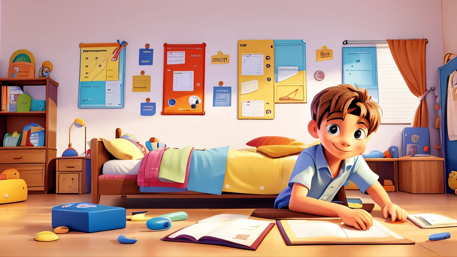 "A picture on the wall with a colorful calendar showing Lucas's daily routine, including times for playing, studying and resting. Lucas is pointing at one of the activities, smiling."