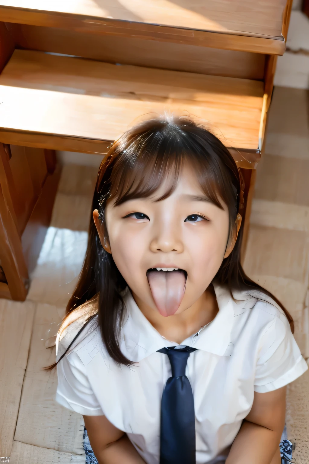 Korean,8-year-old,,woman,Show only the face,A scary smile,Open your mouth and eyes wide,stick your long tongue out of your mouth