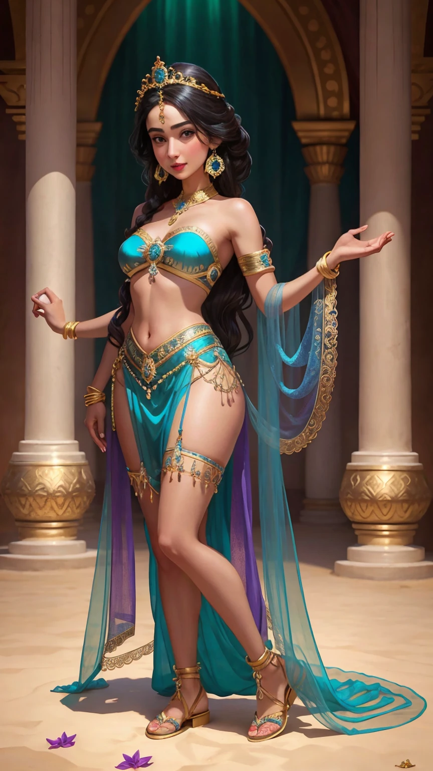 ((Full body photo, standing, feet on the floor)) thigh-high jeweled sandal, (((1girl))), (((23years))), ((full body shot)), Jasmine , Arabian, bikini, diadem with blue gem, jewelry, bracelets on arms, anklets on legs, colorful silks, Arabian setting, flowers, looking at viewer, ((highly detailed)), (((masterpiece))) Hyacinth, strappy sandals full of jewels that go up to the thighs