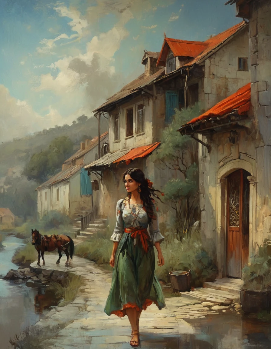 oil painting a landscape panoramic view of with a beautifull landscape and one rustica house, a beautiful gypsy woman wearing a blue and green dress, walking through the streets of the village magnifent oil painting, artstation style, fantasy art style by Abigail Larson, Ralph Blakelock, john william waterhouse, high detail, 8k, style midjourney