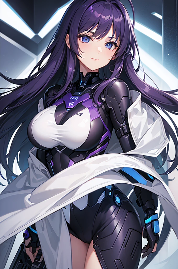 ((best qualityer)), ((work of art)), (detailded), 1 girl, cyborg, dark purple hair, long hair, blue colored eyes, breasts big, curvy body, calm expression, corner smile, wearing a tight-fitting futuristic outfit that covers the entire body in black with purple details, ((on the shoulder of the clothes written "Ex-One"))
Scenario is a technological base