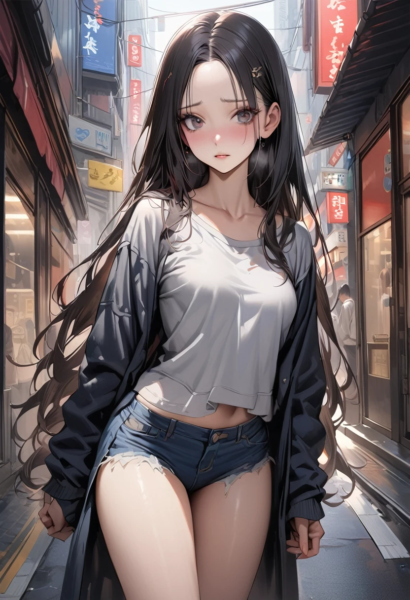 ((masterpiece,Highest quality:1.3,best quality illustration)),realistic,cowboy shot,独奏,1woman,(25 year old beauty),((very small head:1.3)),black hair,long hair,forehead,center parted bangs,black eyes,gorgeous big eyes,shy,((very long body,skinny)),medium breasts,gleaming skin,slender body,skinny,(oversized gray sweatshirt)、Denim Microshorts、standing,on street,Shinjuku、Tokyo、